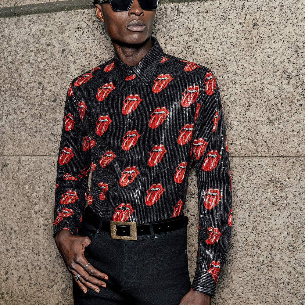 Phix X Rolling Stones Black Sequin Embellished Tongue Velvet Shirt & Phix