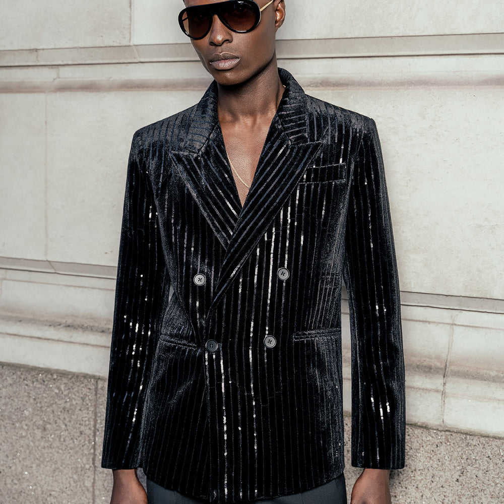 Breasted Black With Paillettes Slim Fit Blazers main image 1