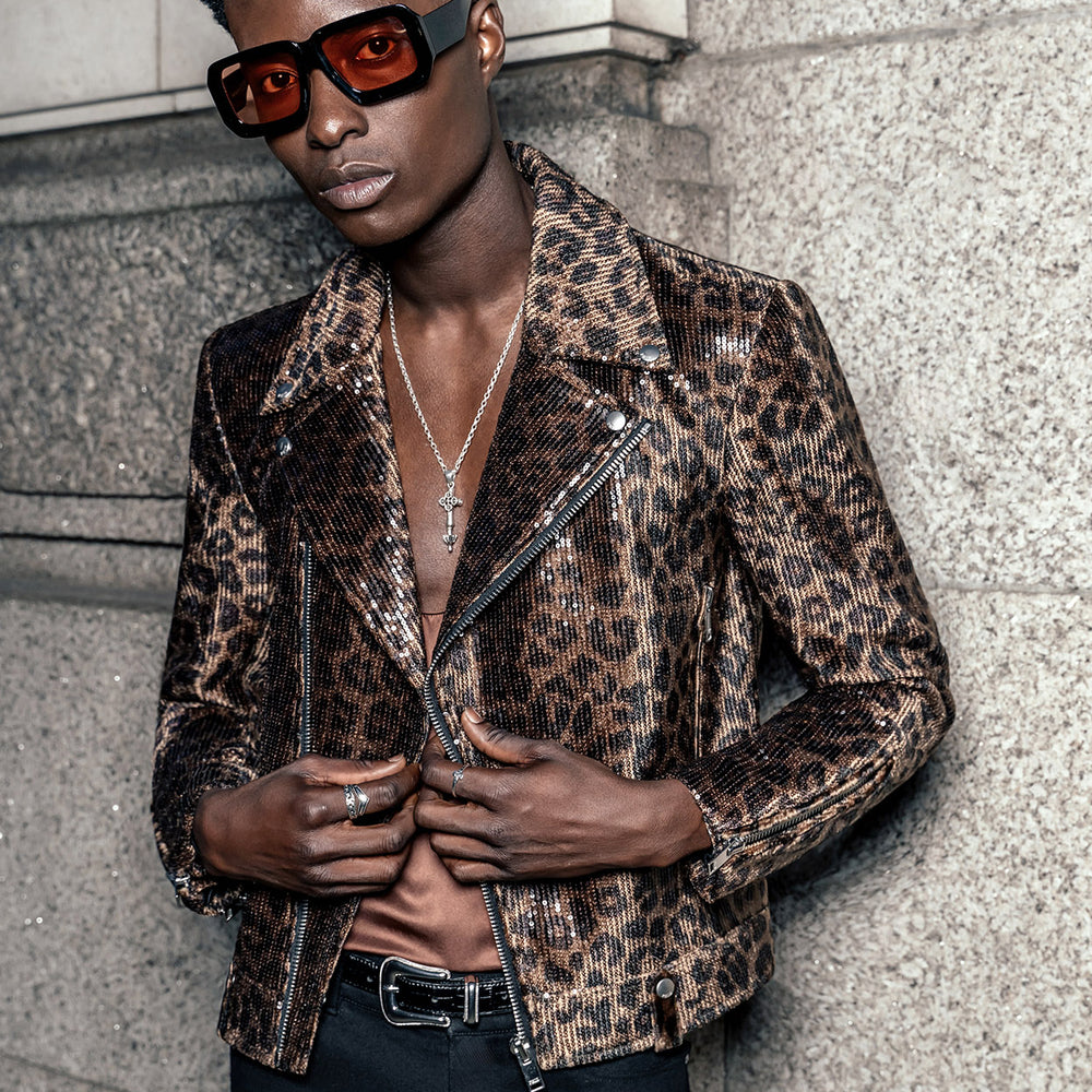 Brown Leopard Print Sequin Biker Jacket