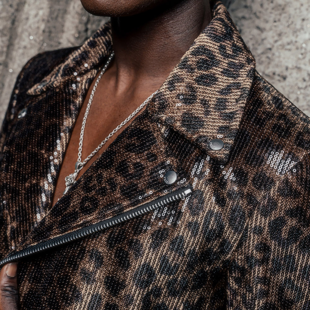 Brown Leopard Print Sequin Biker Jacket ‐ Phix