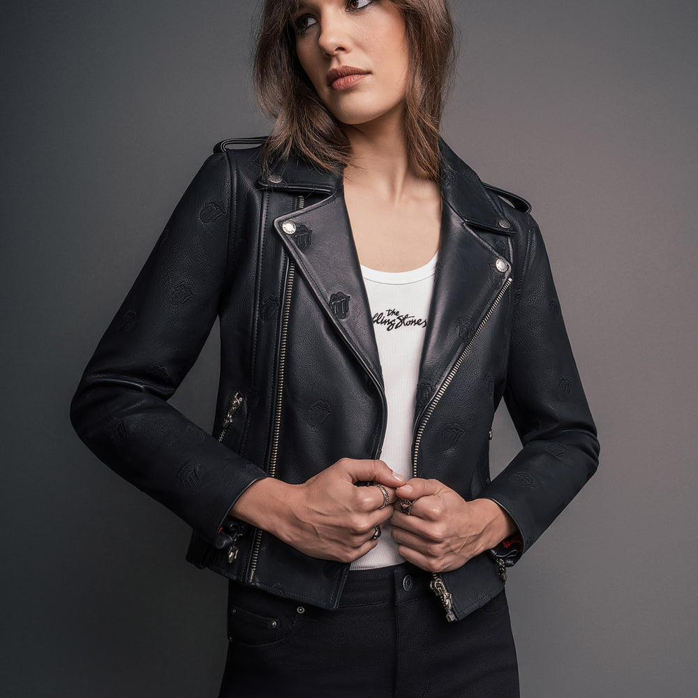Womens Phix X Rolling Stones Tongue Embroidered Leather Biker
