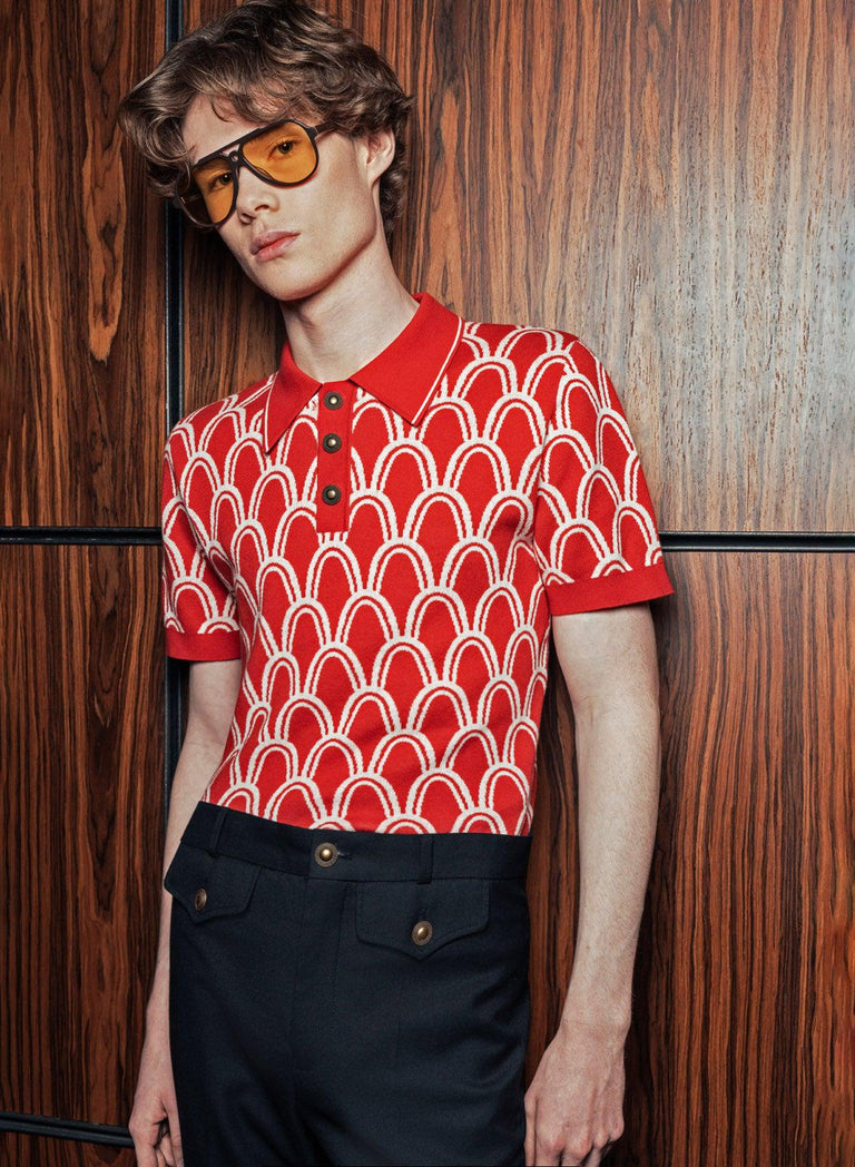 Mens Vintage Shirts – Casual, Dress, T-shirts, Polos ORANGE ART DECO ARCH COTTON KNITTED POLO AT vintagedancer.com