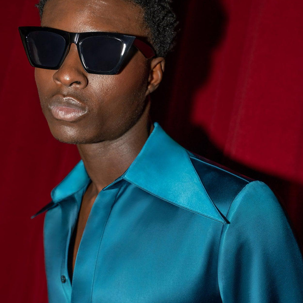 Blue Satin Oversize Dagger Collar Shirt & Phix