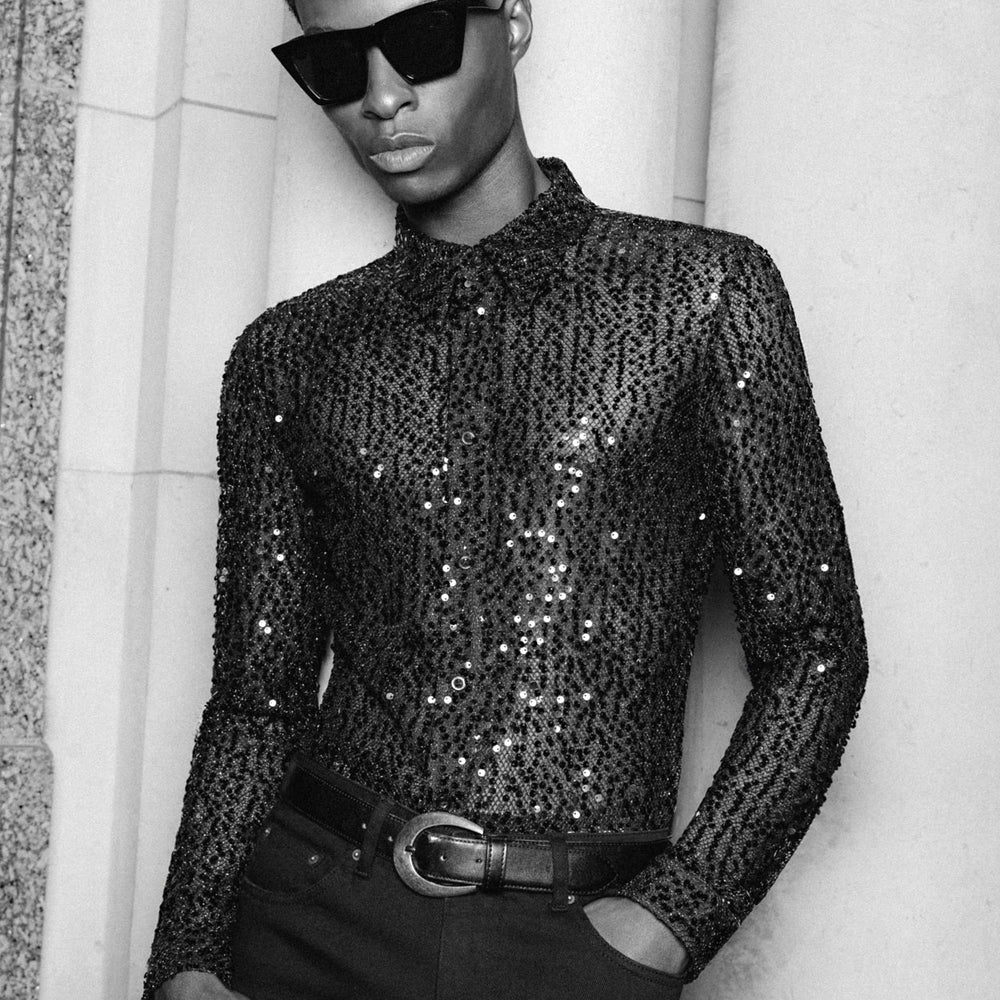 Black Sequin Detail Pleated Shirt main image 1