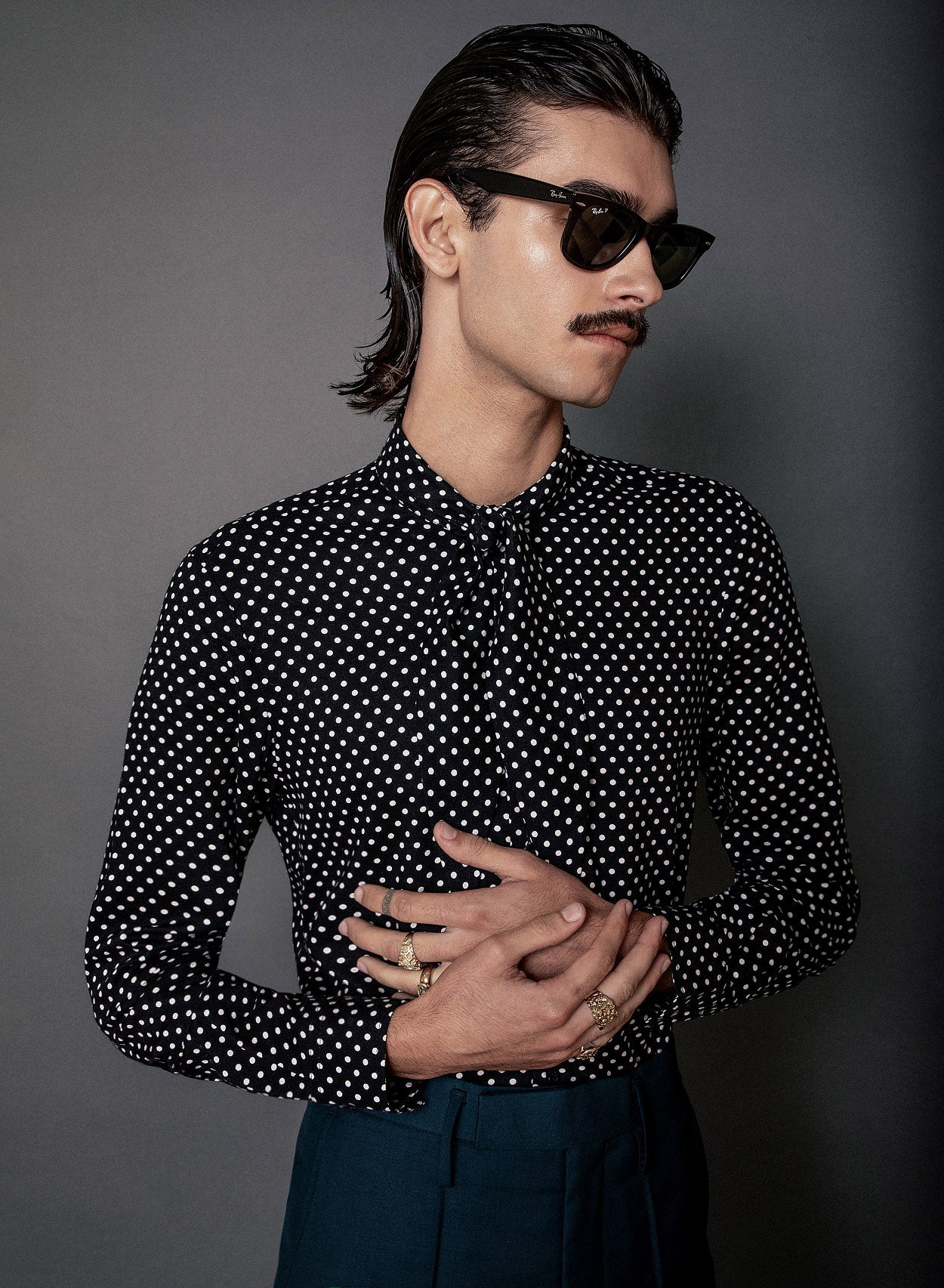 Black Polka Dot Neck Tie Western Viscose Shirt