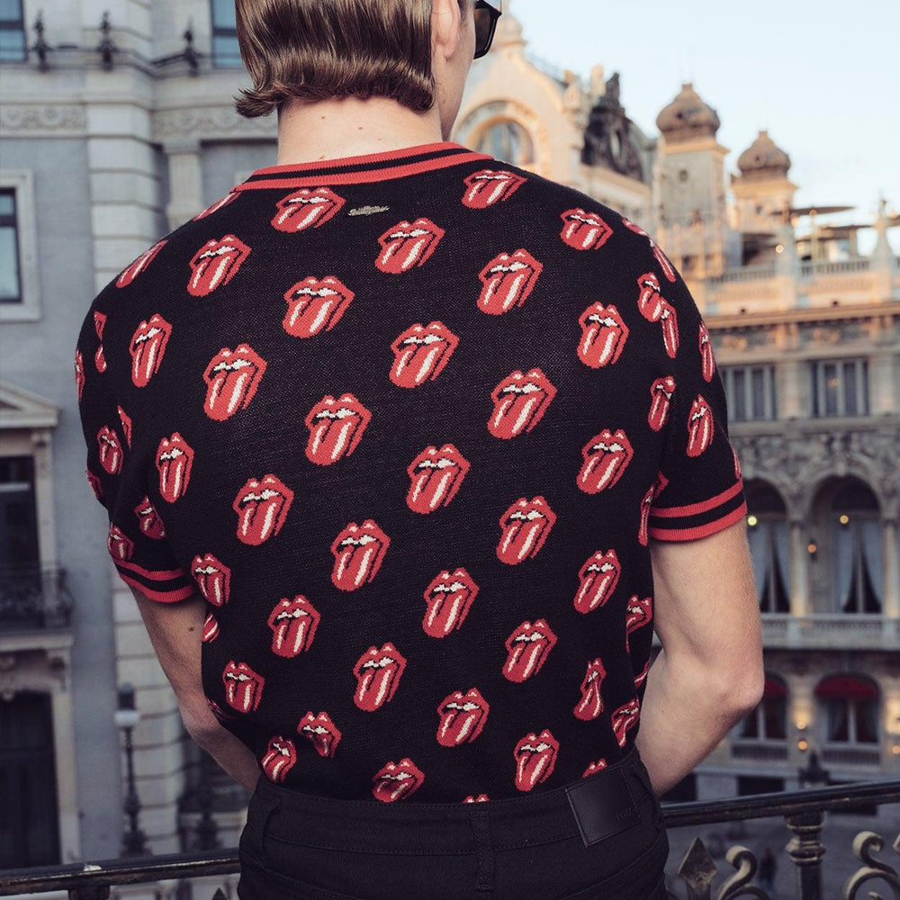 Phix X Rolling Stones Black Knitted Red Tongue Pattern Polo & Phix