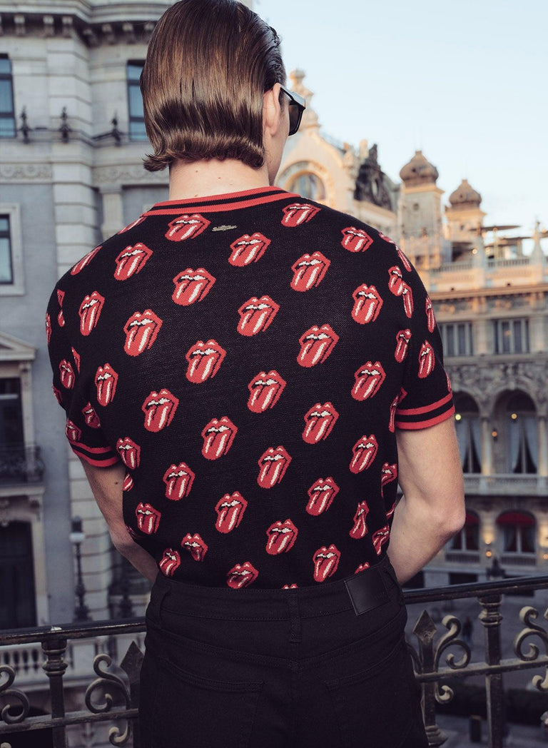 Phix X Rolling Stones Black Knitted Red Tongue Pattern Polo