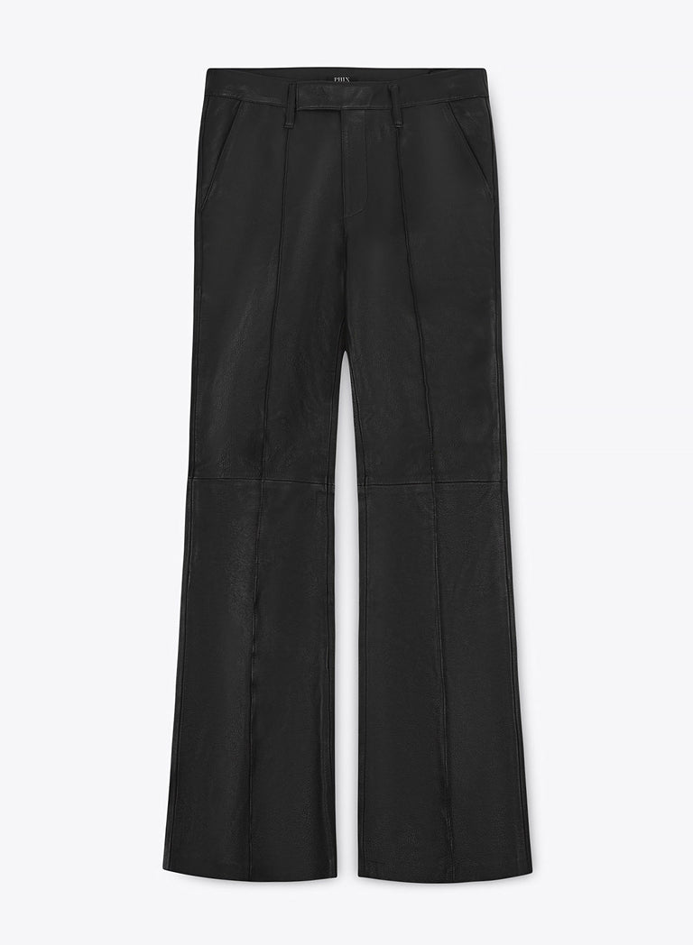 High Waisted Pin Tuck Flare Leather Trousers