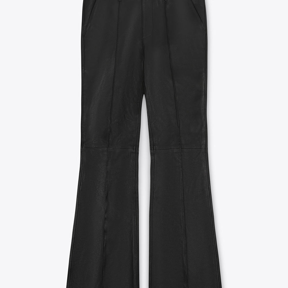 High Waisted Pin Tuck Slim Fit Flare Leather Trousers & Phix