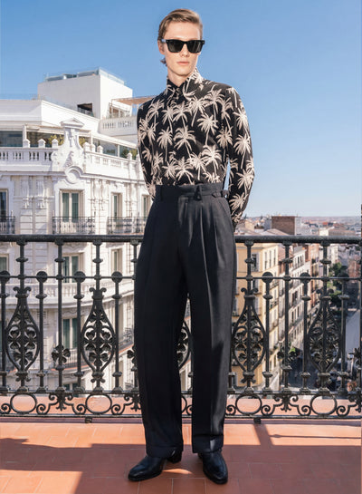 Black Wool Tapered Turn-Up Barrel Trousers