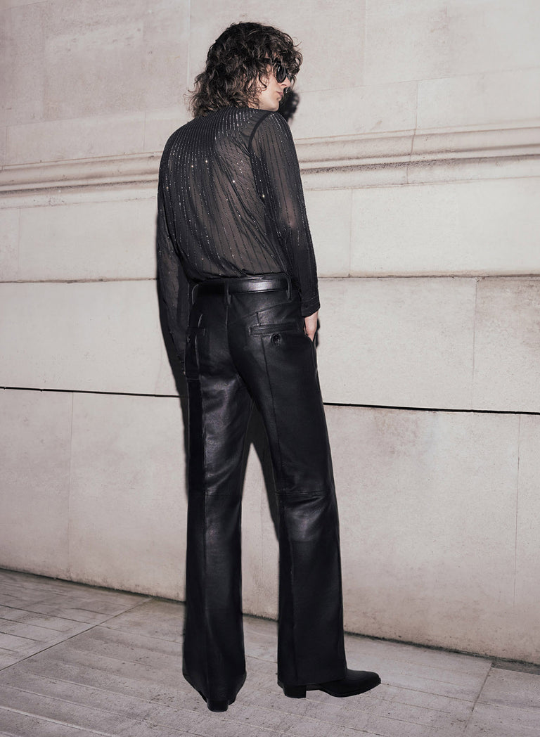 High Waisted Pin Tuck Flare Leather Trousers