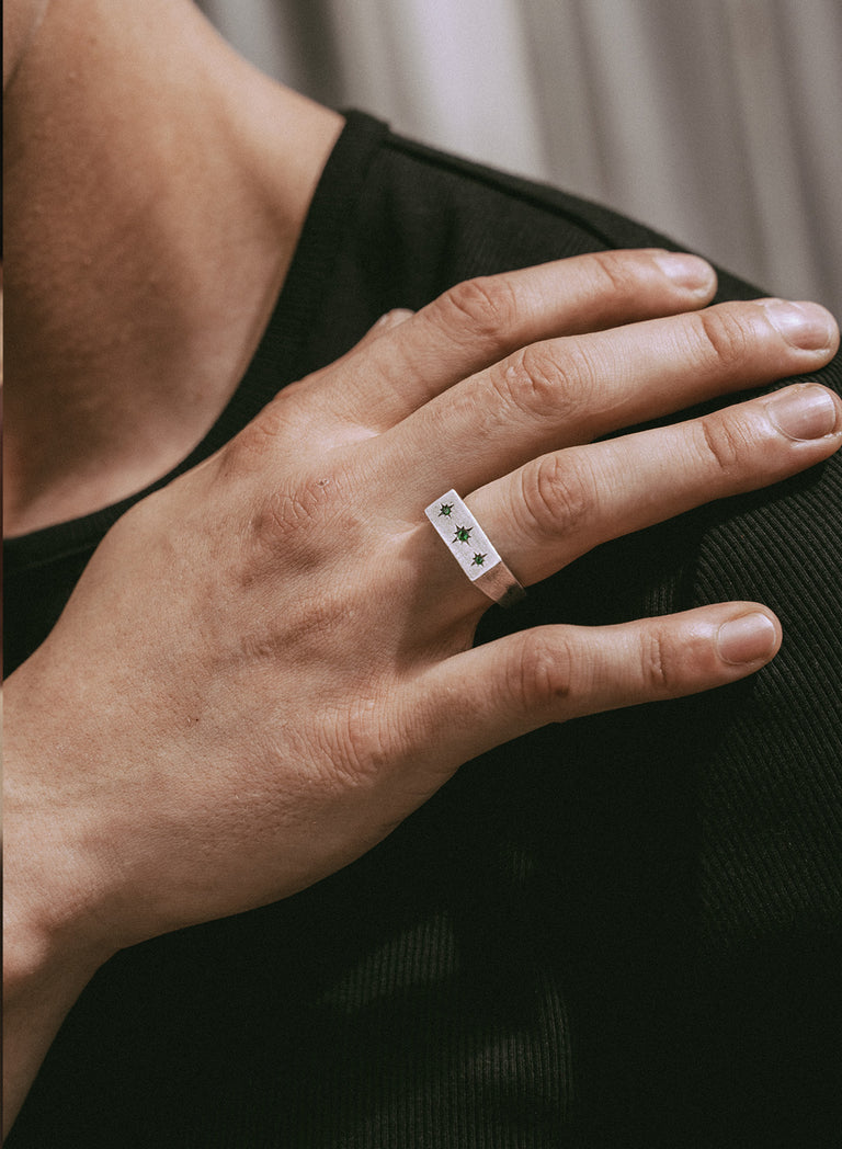 Silver Green Star Rectangular Ring