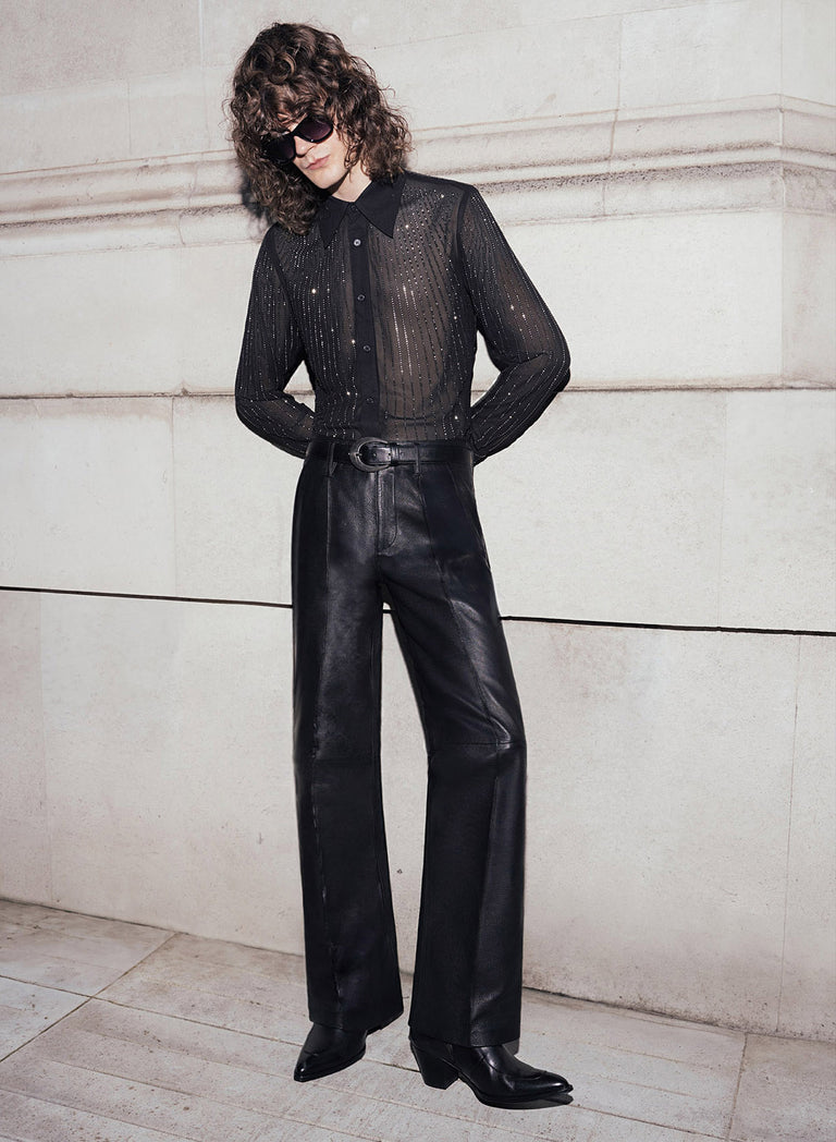 High Waisted Pin Tuck Flare Leather Trousers