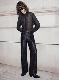High Waisted Pin Tuck Flare Leather Trousers