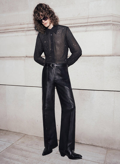 High Waisted Pin Tuck Flare Leather Trousers