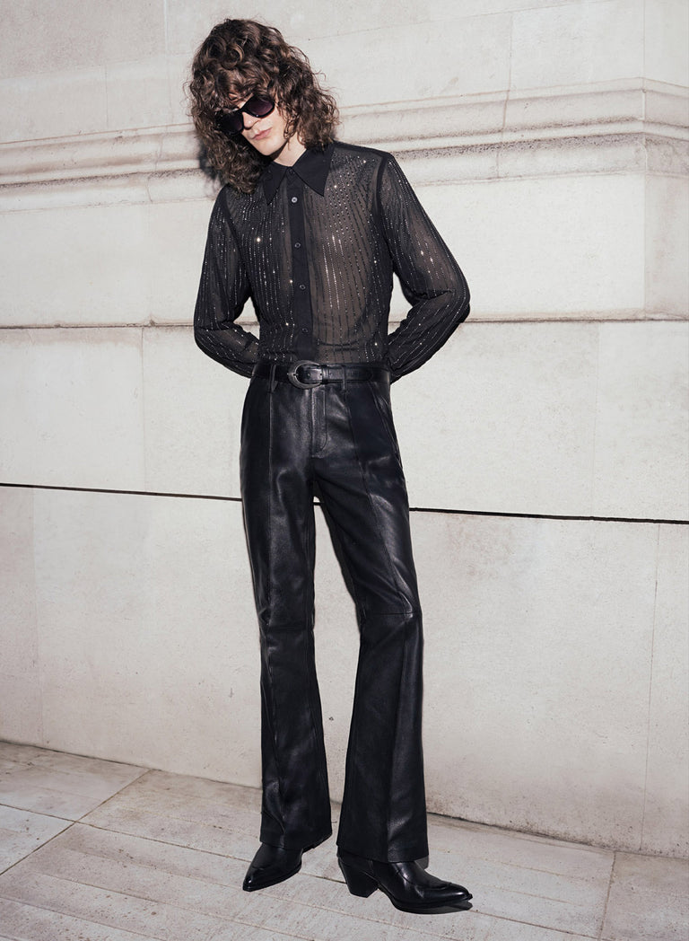 High Waisted Pin Tuck Slim Fit Flare Leather Trousers
