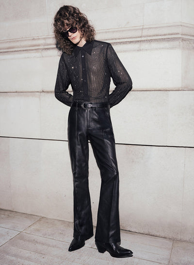 High Waisted Pin Tuck Slim Fit Flare Leather Trousers