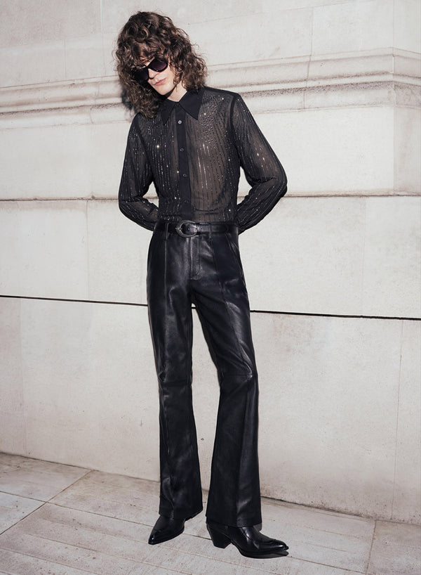 High Waisted Pin Tuck Slim Fit Flare Leather Trousers