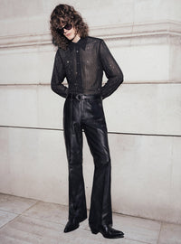 High Waisted Pin Tuck Slim Fit Flare Leather Trousers
