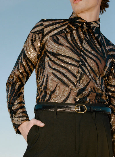 Black Croc Effect Leather Round Gold Buckle Belt