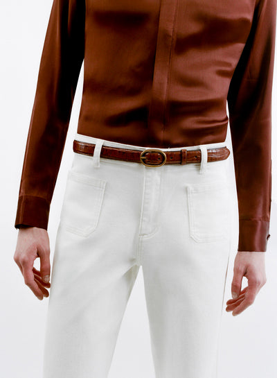 Brown Croc Effect Leather Round Gold Buckle Belt