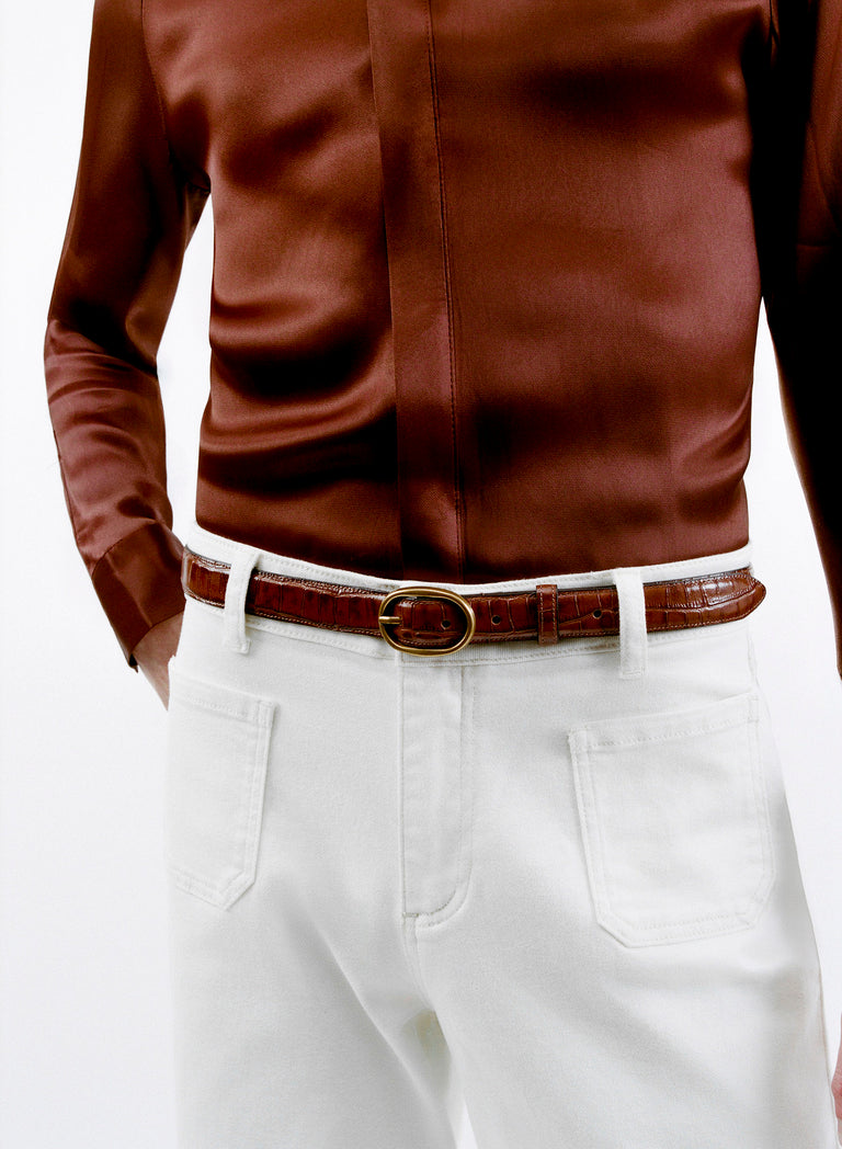 Brown Croc Effect Leather Round Gold Buckle Belt
