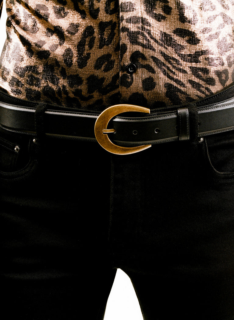 Crescent Antique Gold Buckle Leather Belt