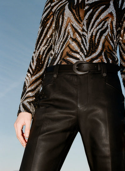 Black Crescent Silver Buckle Leather Belt