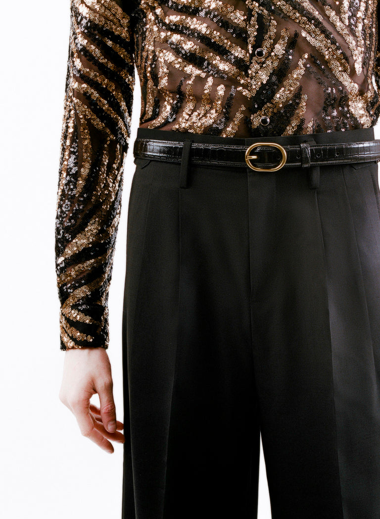 Black Croc Effect Leather Round Gold Buckle Belt