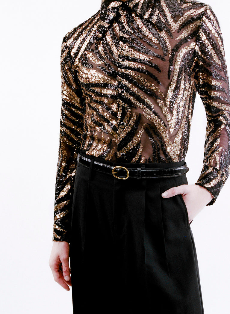 Black Croc Effect Leather Round Gold Buckle Belt