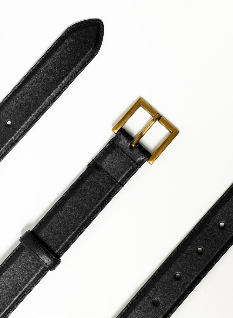Black Leather Square Gold Buckle Belt