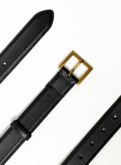 Black Leather Square Gold Buckle Belt