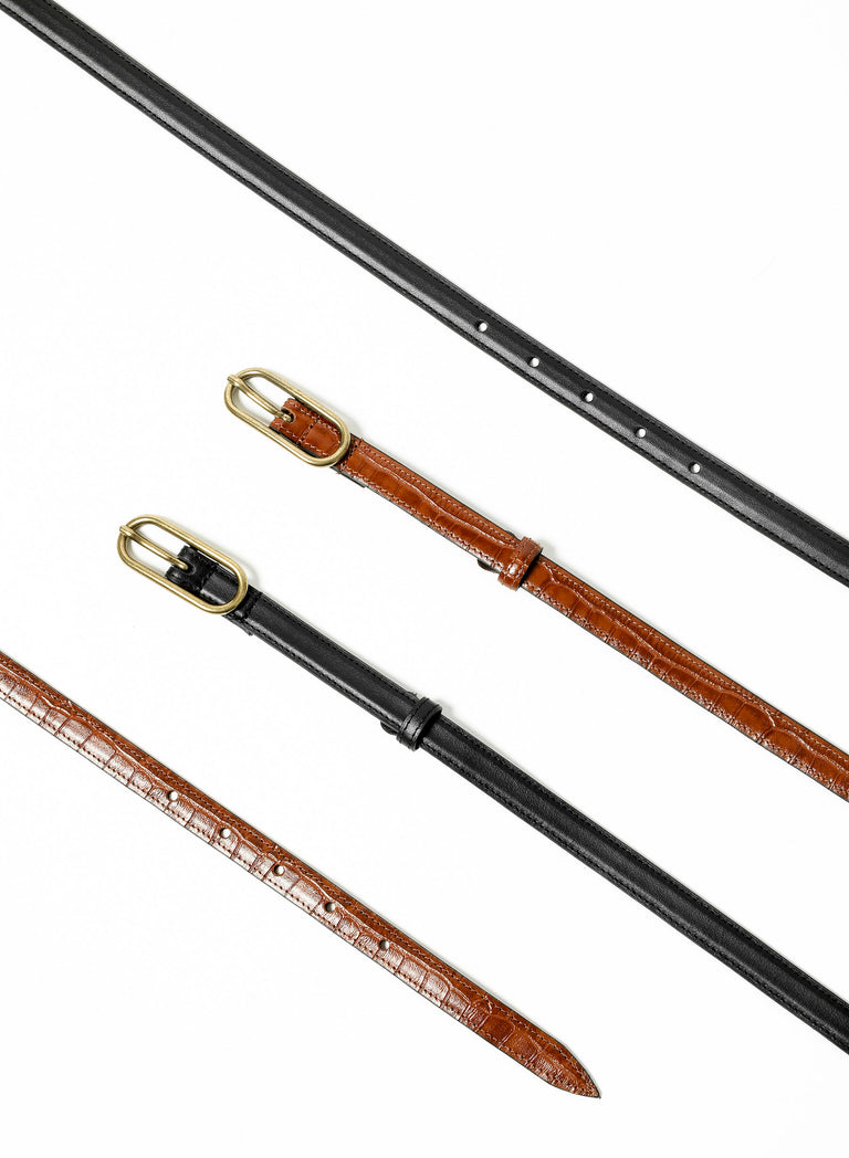Brown Slim Leather Oval Buckle Belt