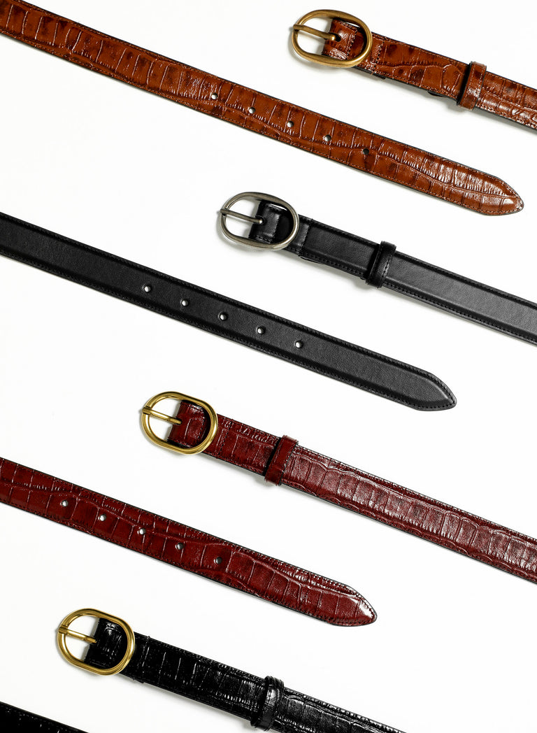Brown Croc Effect Leather Round Gold Buckle Belt
