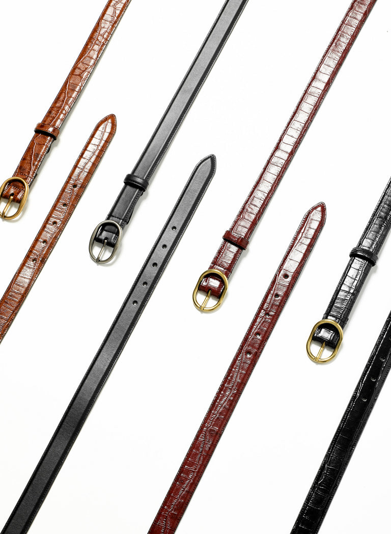 Brown Croc Effect Leather Round Gold Buckle Belt