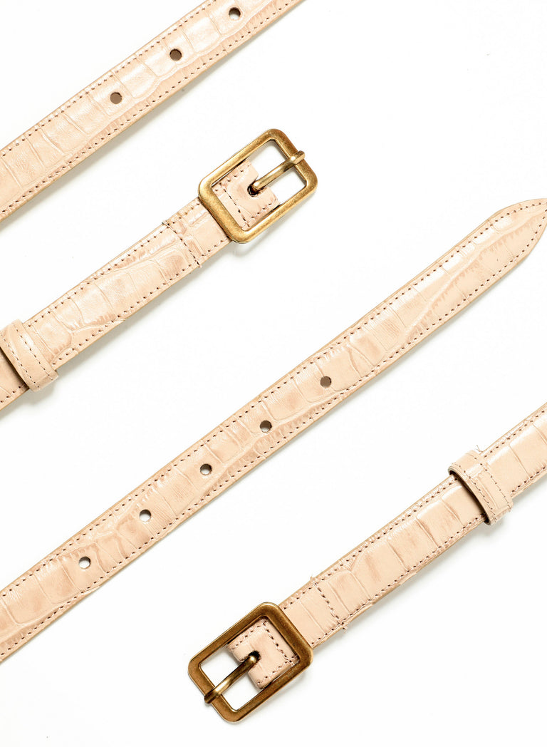 Beige Croc Effect Leather Square Buckle Belt