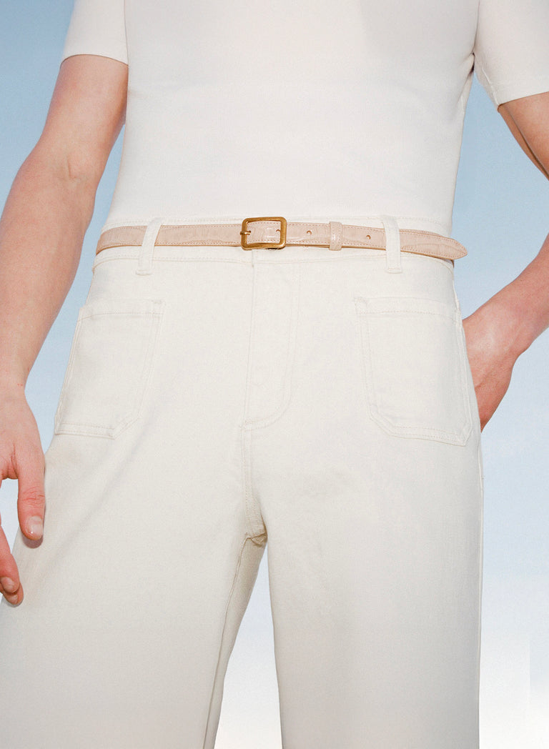 Beige Croc Effect Leather Square Buckle Belt