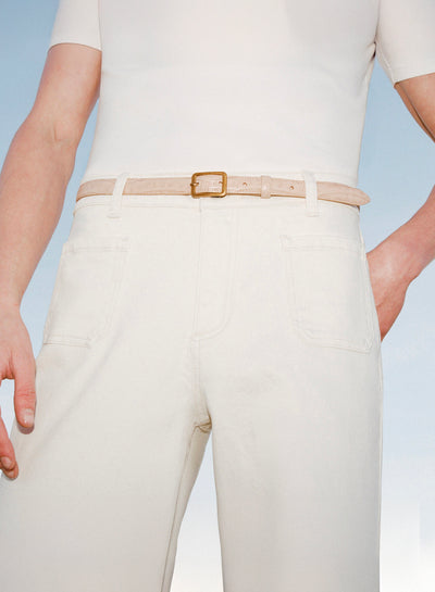 Beige Croc Effect Leather Square Buckle Belt