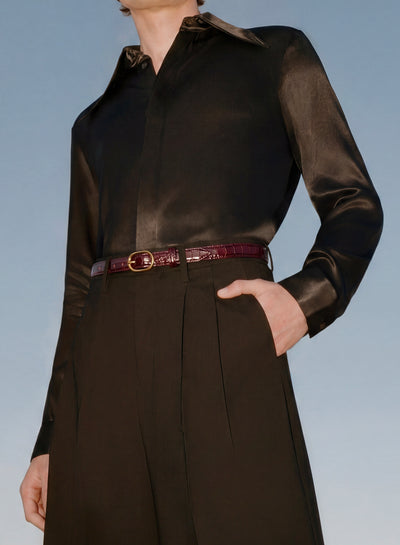 Burgundy Croc Effect Leather Round Gold Buckle Belt