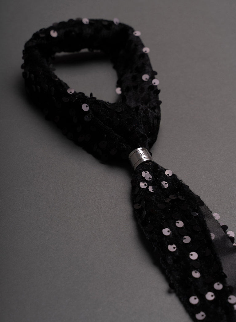 Black Sequin Ring Tie Neck Scarf