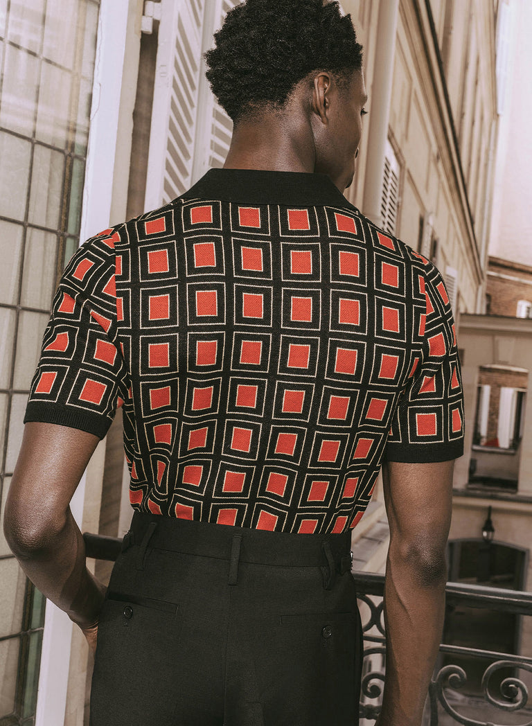 70s Burnt Orange Geometric Square Zip Knitted Polo