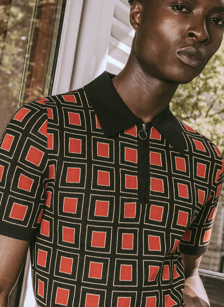 70s Burnt Orange Geometric Square Zip Knitted Polo