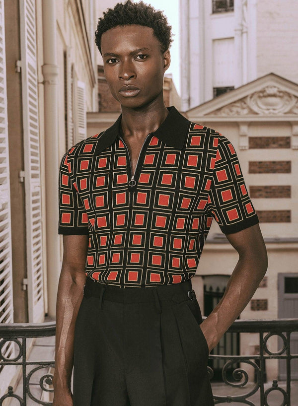 70s Burnt Orange Geometric Square Zip Knitted Polo