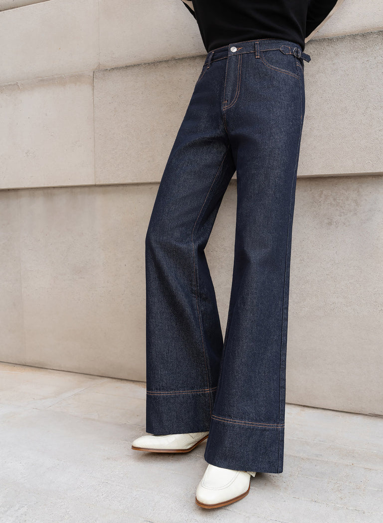 Raw Denim Indigo High Waisted Buckle Flare Jean