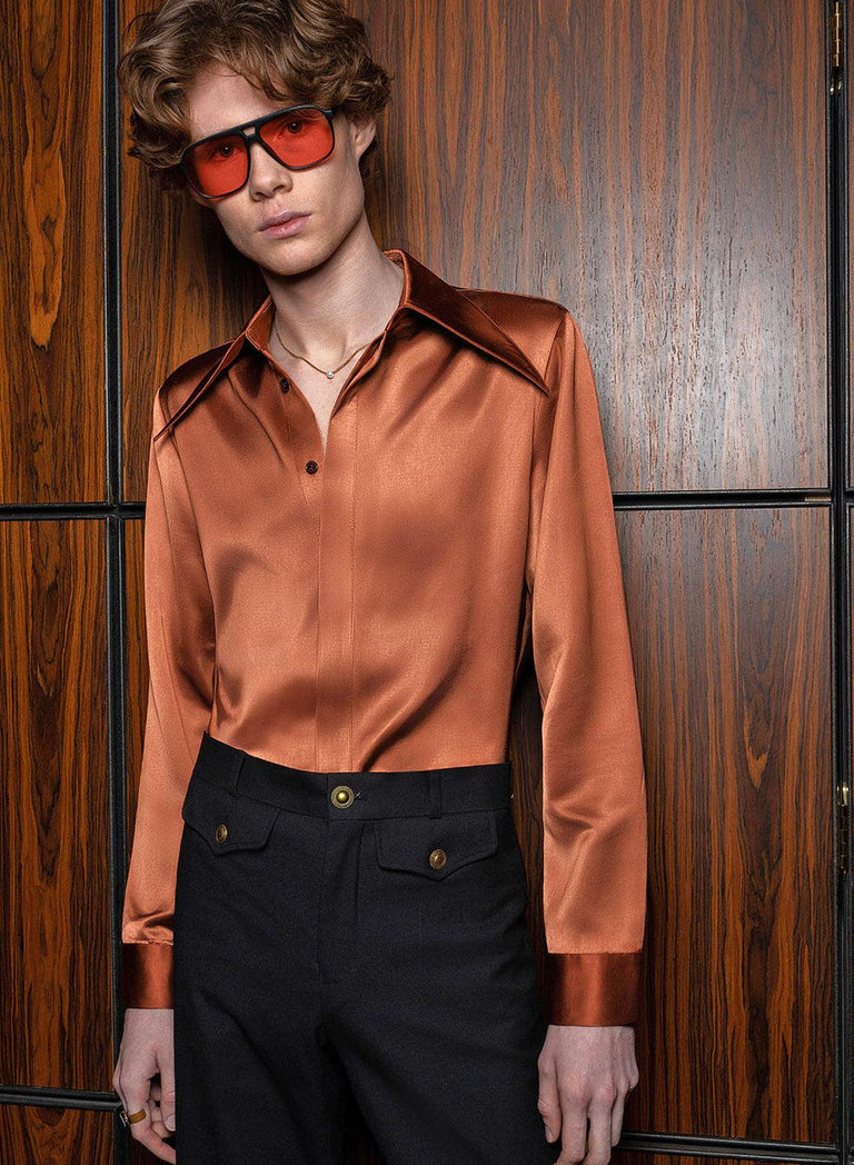 Copper Orange Satin Statement Dagger Collar Shirt