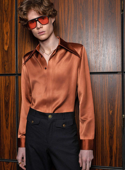 Copper Orange Satin Statement Dagger Collar Shirt
