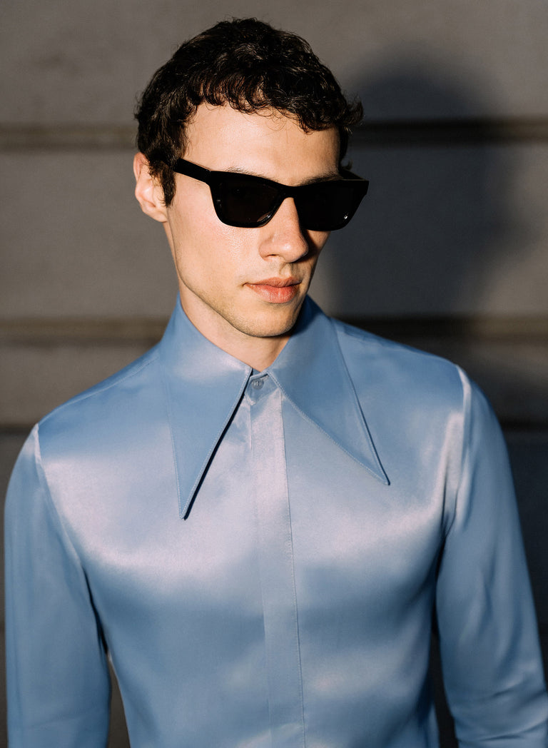 Pure Viscose Blue Dagger Collar Shirt