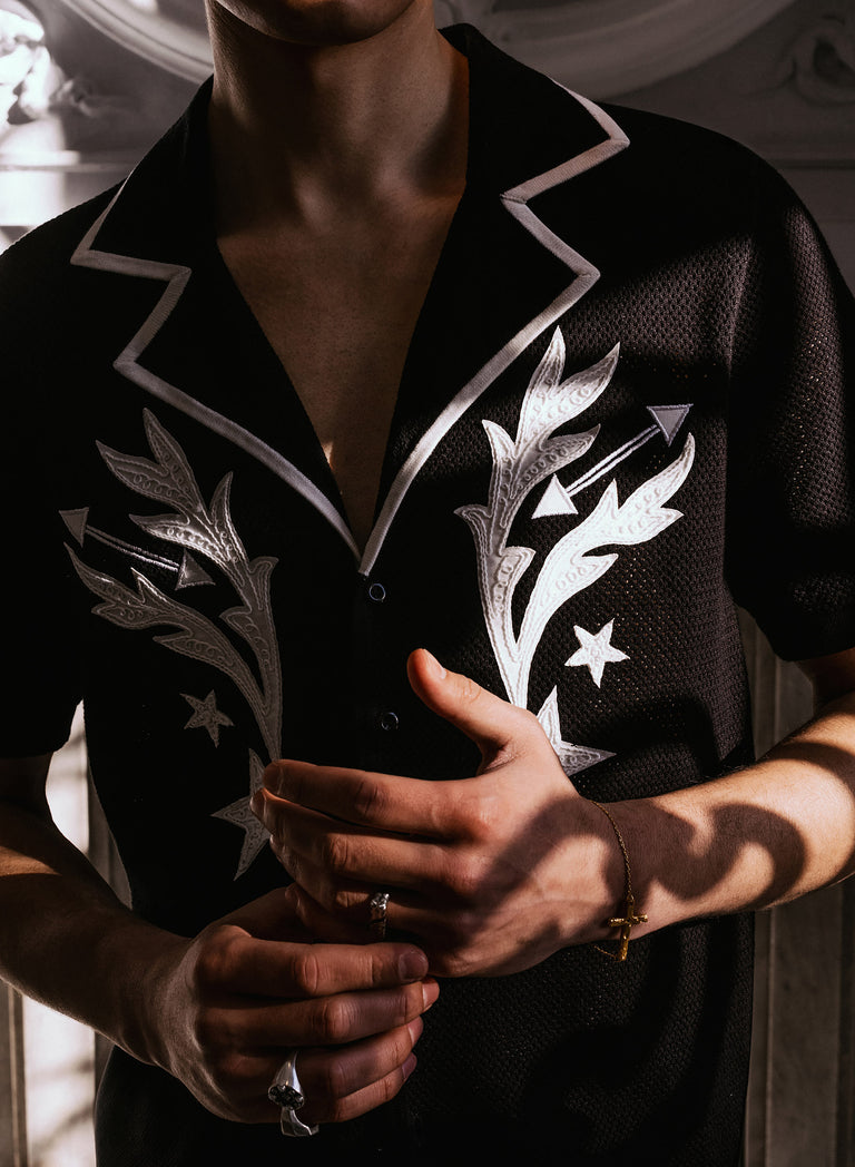 Black Embroidered Western Short Sleeve Shirt