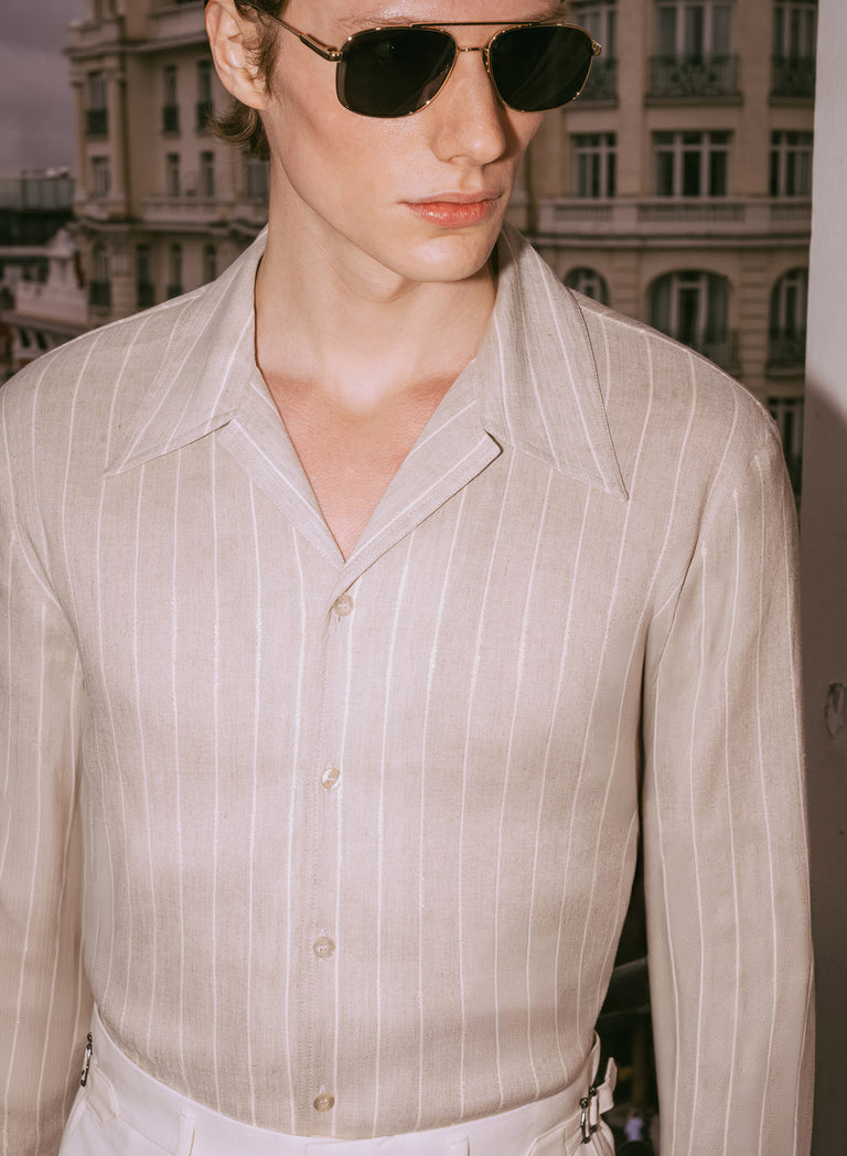 Ivory Linen Pinstripe Cuban Long Sleeve Shirt
