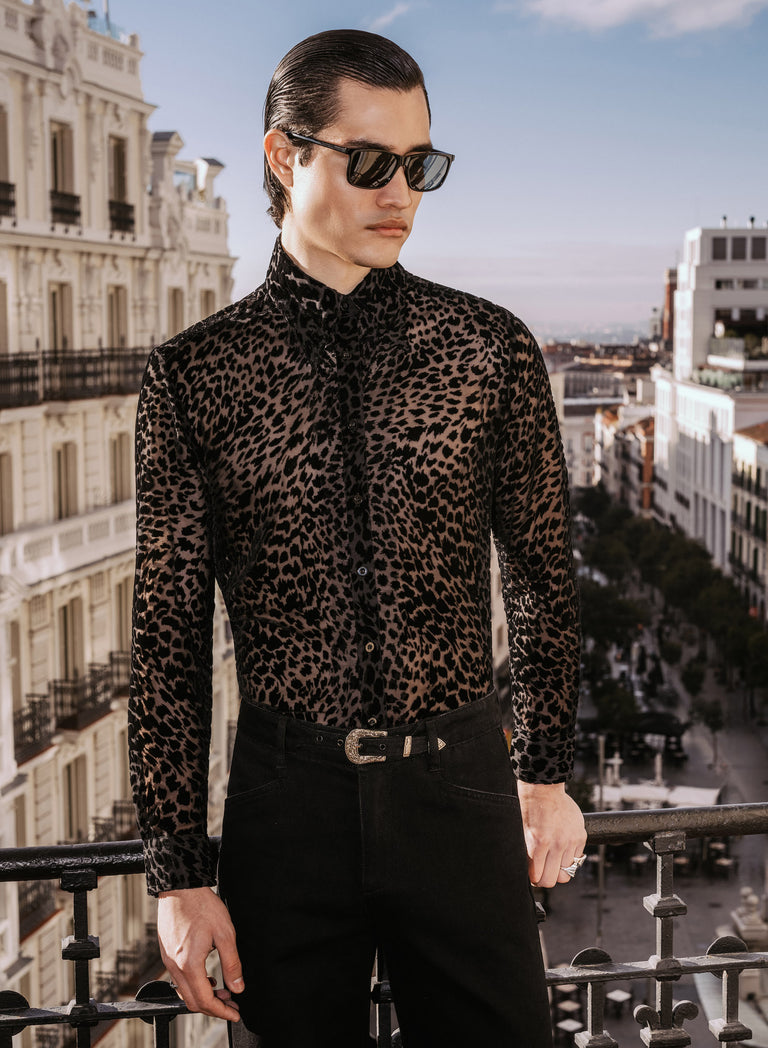 Black Semi Sheer Leopard Effect Velvet Shirt